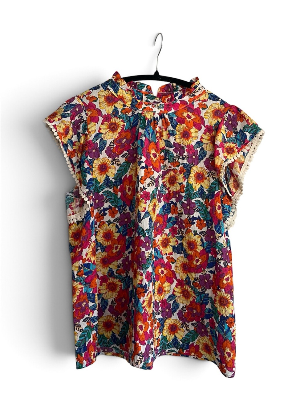 THML Multicolor Floral Woven Blouse Pom-Pom Trim Short Sleeve Pullover Tank M